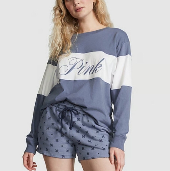 PINK Victoria's Secret Tops - VS PINK CAMPUS TEE SHIRT COLORBLOCK IRIS Long Sleeve